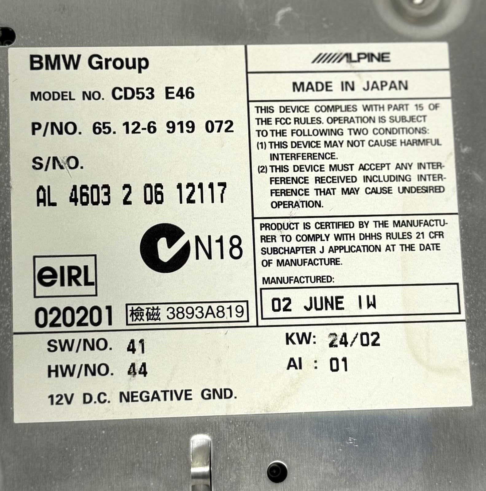2002-2006 BMW 330i E46 AM FM RADIO STEREO CD PLAYER OEM 65126919072