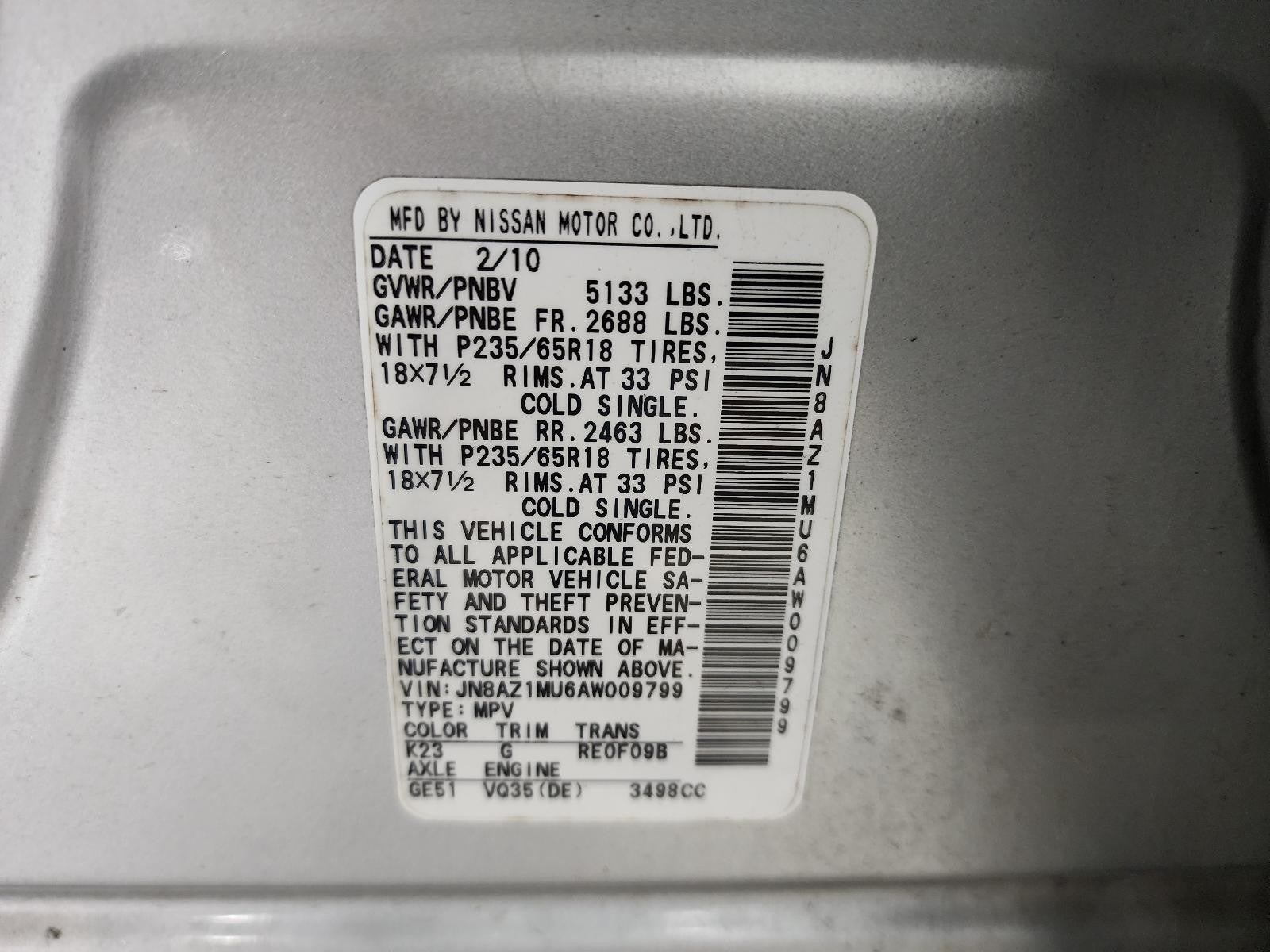 Used Engine Complete Assembly fits: 2010 Nissan Murano 3.5L VIN A 4th digit VQ35