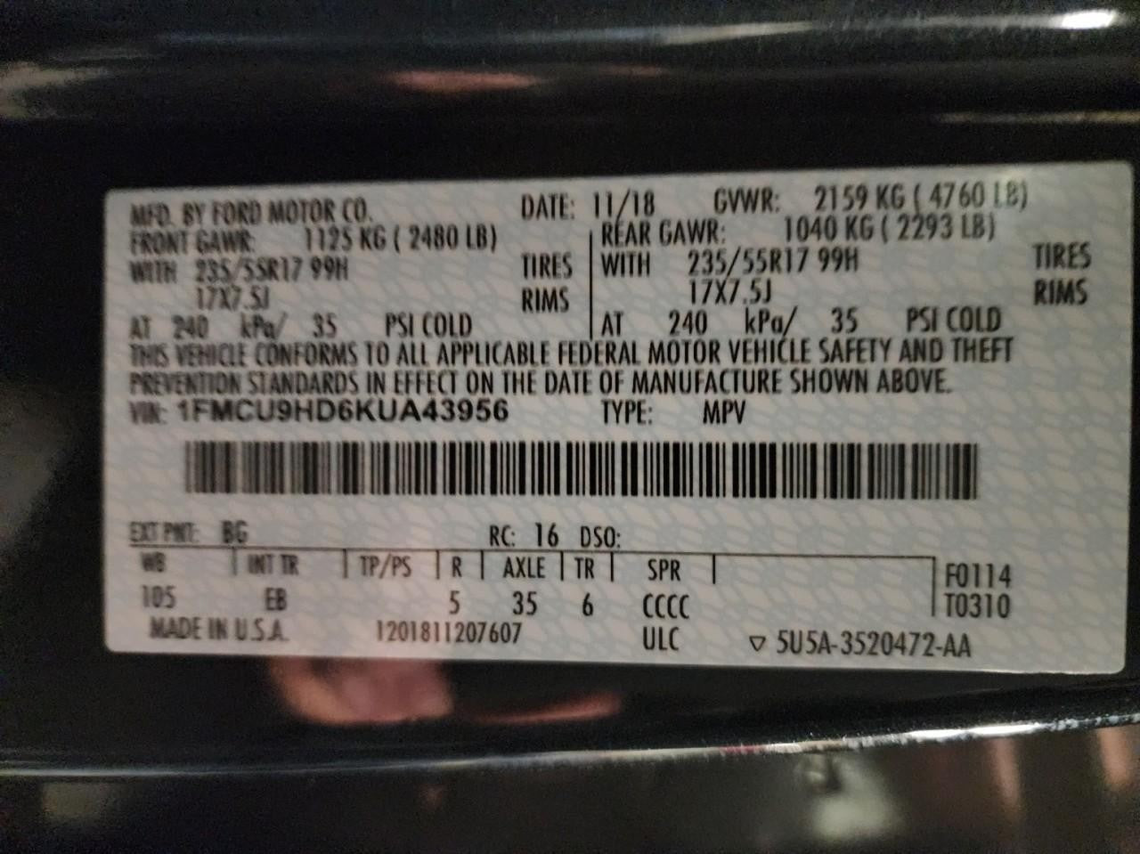 Used Front Right Seat Front fits: 2019 Ford Escape bucket air bag electric leath