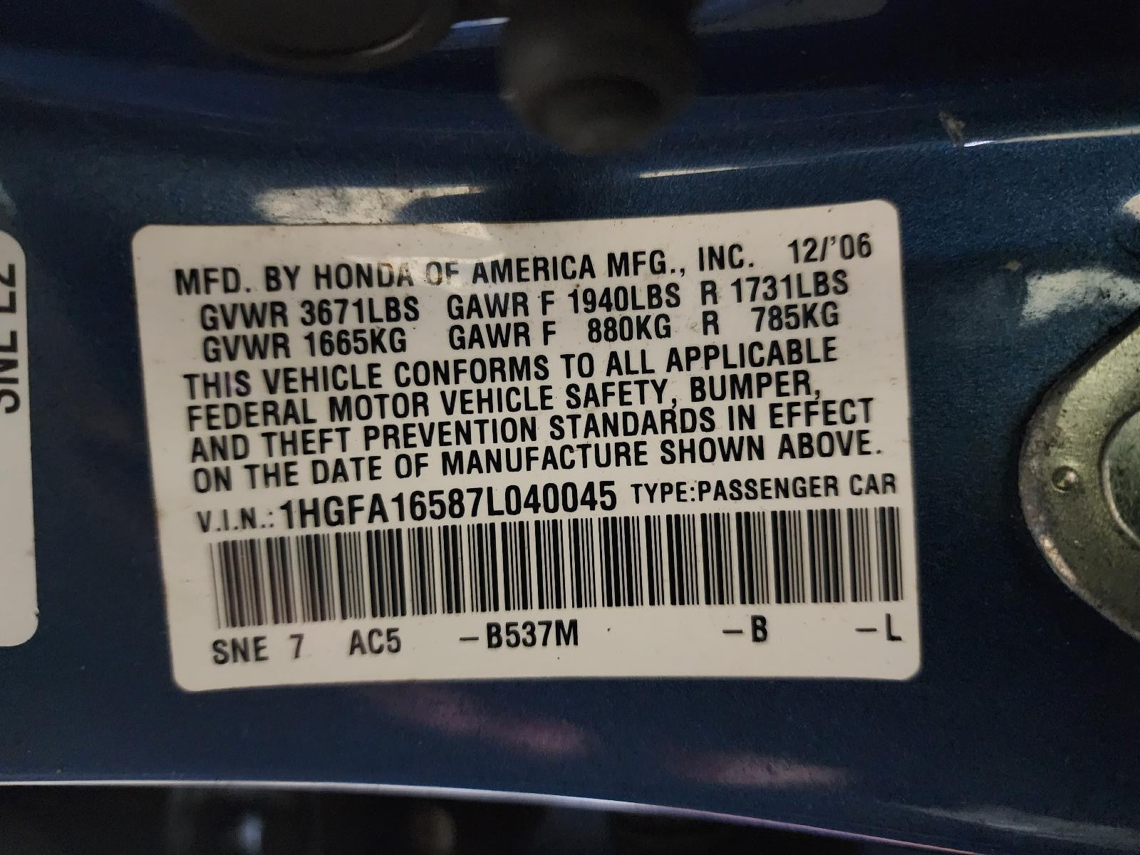 Used Rear Left Door Window Regulator Rear fits: 2007 Honda Civic electric Rear L