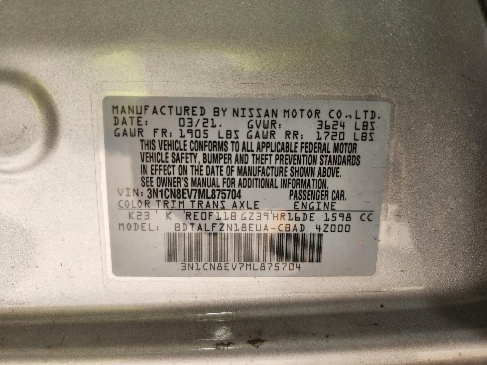 Used Left Tail Light Assembly fits: 2021 Nissan Versa decklid mounted Left Grade