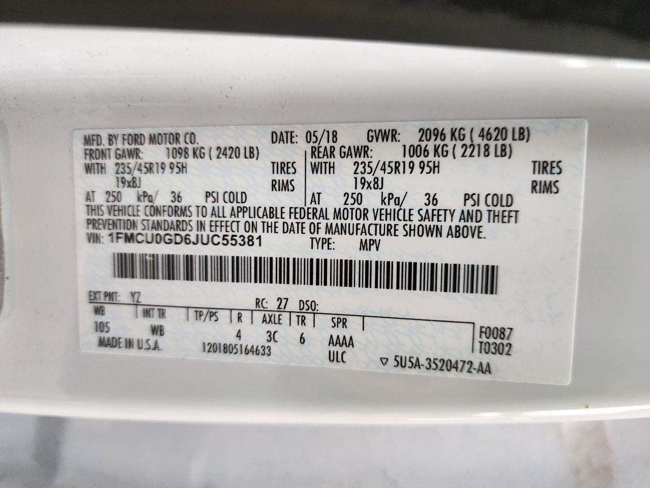 Used Wheel fits: 2018 Ford Escape 19x8 aluminum TPMS 10 spoke painted black Grad