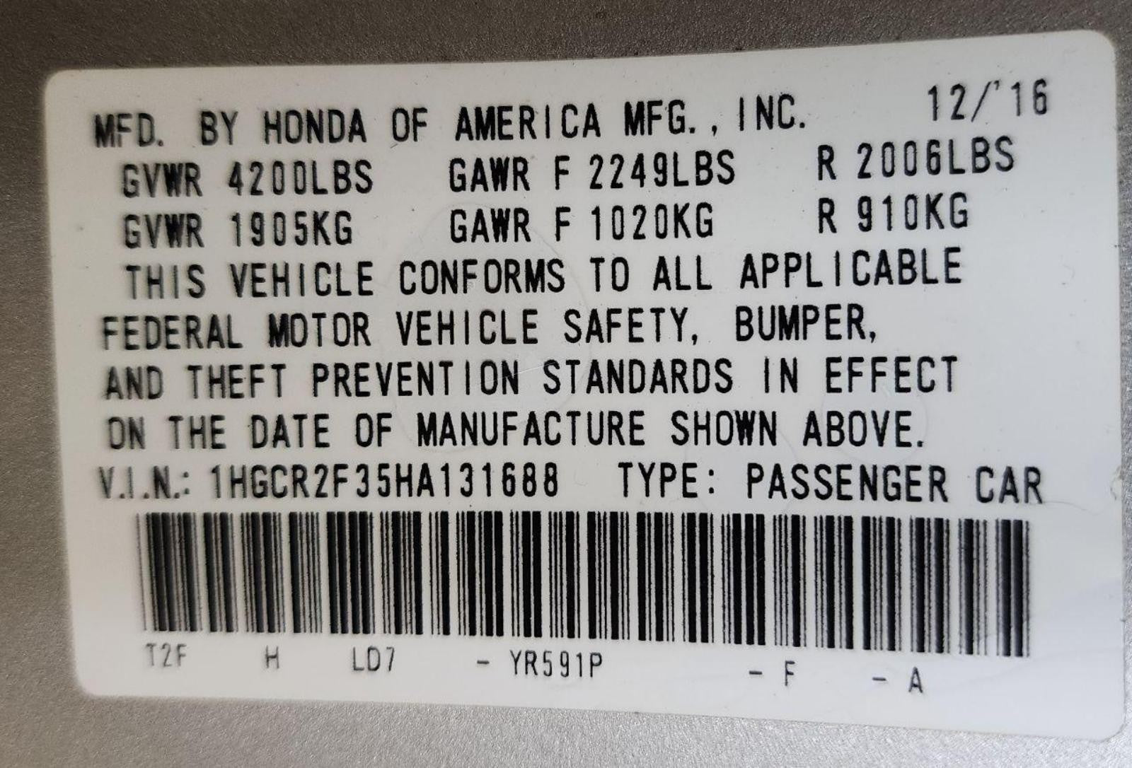 HONDA ACCORD Engine 2.4L, VIN 1 (6th digit, Coupe), California emissions (PZEV