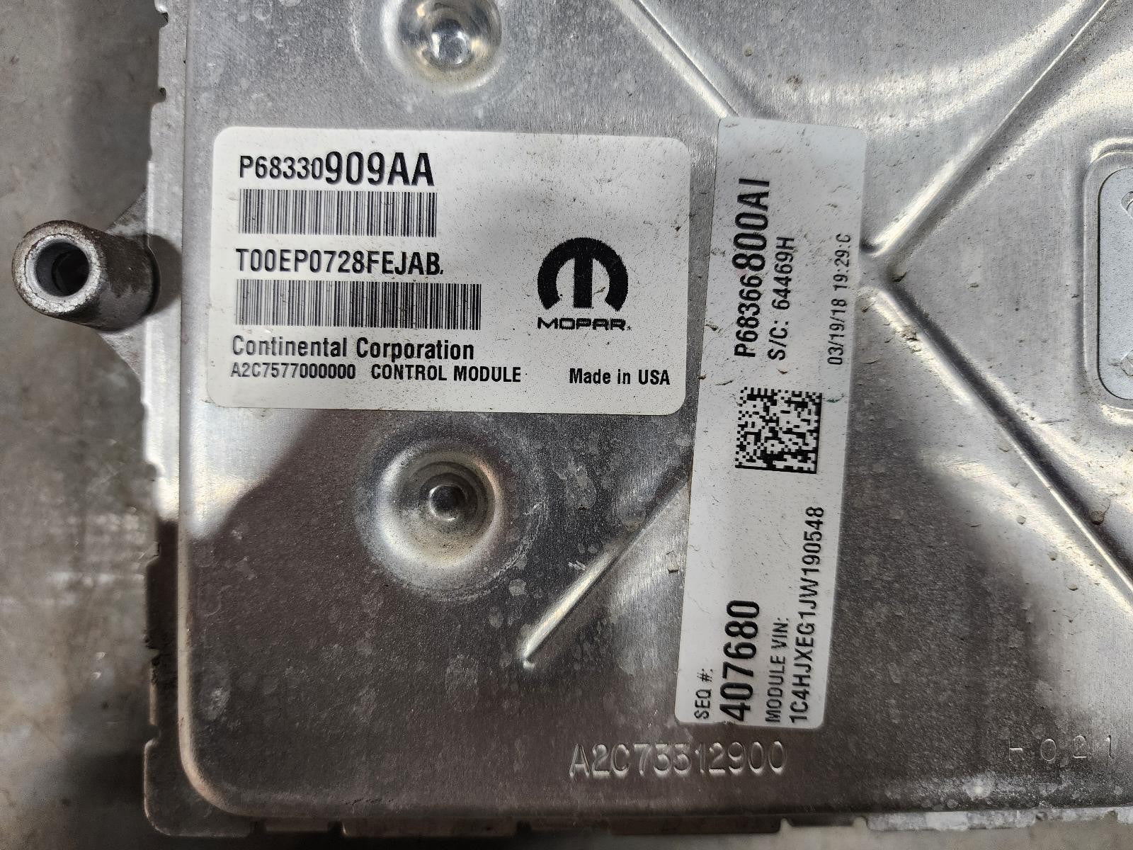 Used Engine Control Module (ECM) fits: 2018 Jeep Wrangler Electronic Control Mod
