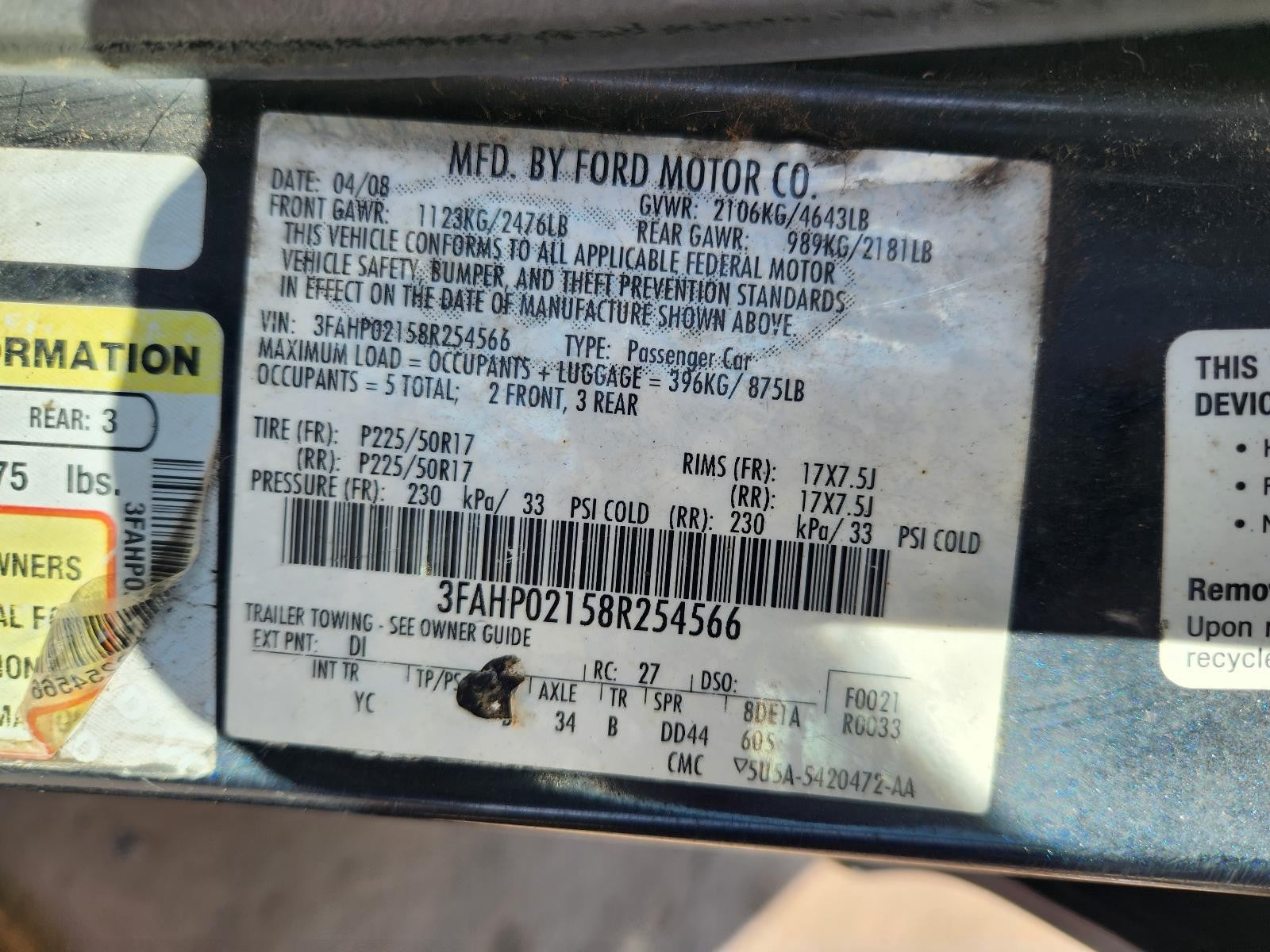 Used Rear Right Door Window Regulator Rear fits: 2008 Ford Fusion electric witho