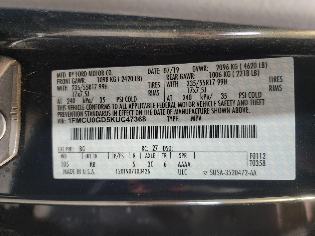 Used Steering Column fits: 2019 Ford Escape Floor Shift tilt and telescopic w/o