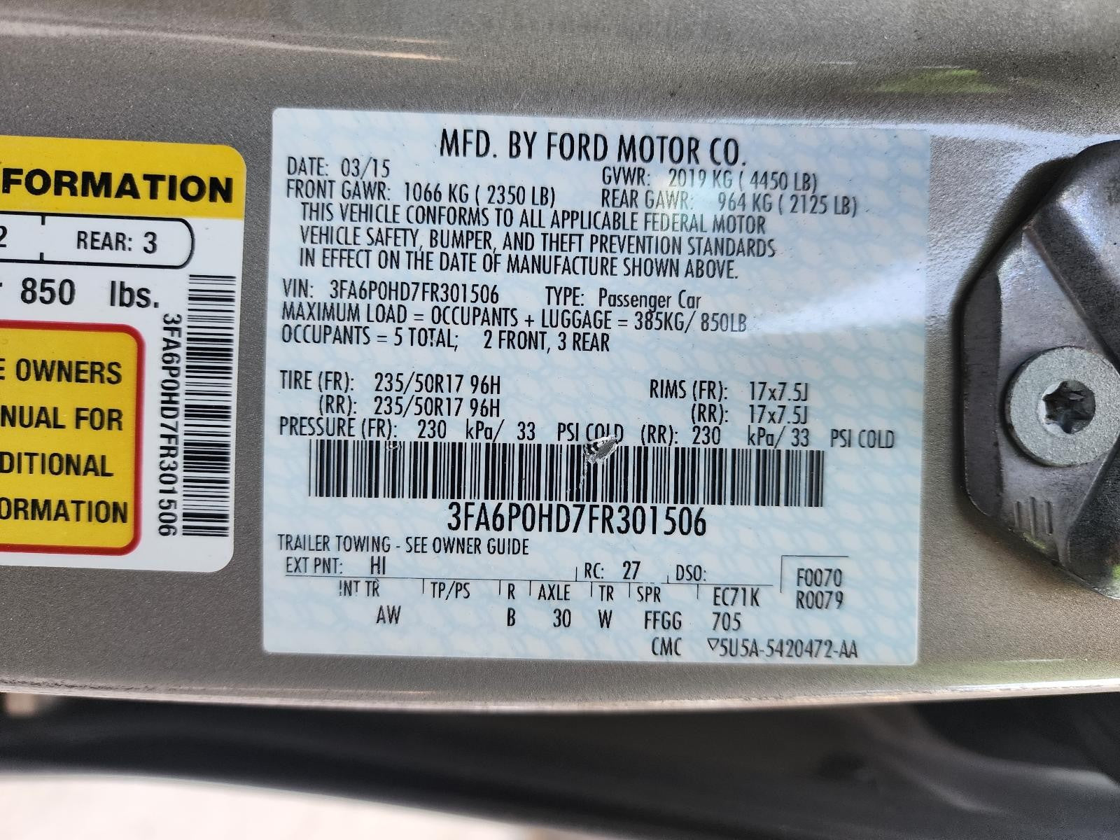 Used Front Left Drive Axle Shaft fits: 2015 Ford Fusion Front 2.5L AT FWD VIN 5