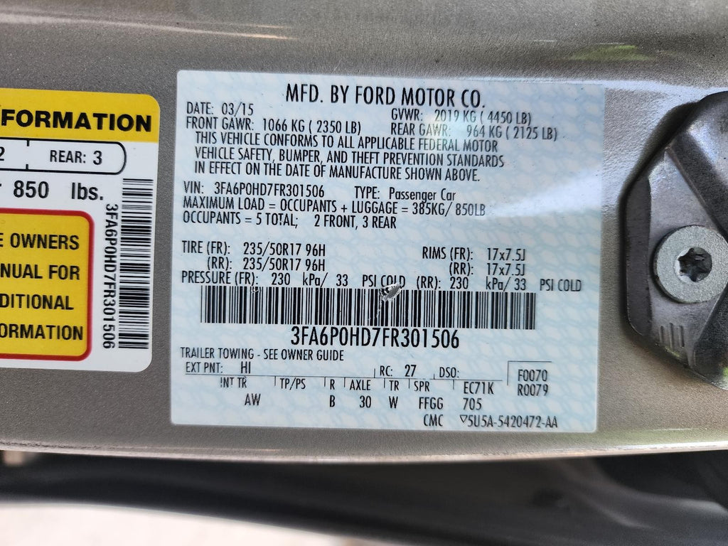 Used Front Left Seat Front fits: 2015 Ford Fusion bucket air bag cloth electric