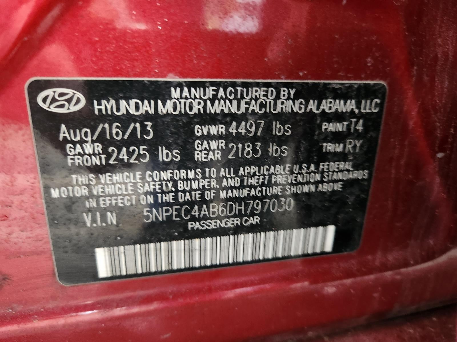 Used Right Tail Light Assembly fits: 2013 Hyundai Sonata VIN C 8th digit quarter