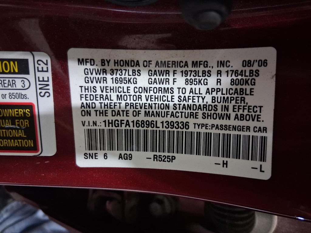 Used Rear Bumper Reinforcement Rear fits: 2006 Honda Civic Sdn 1.8 Rear Grade A