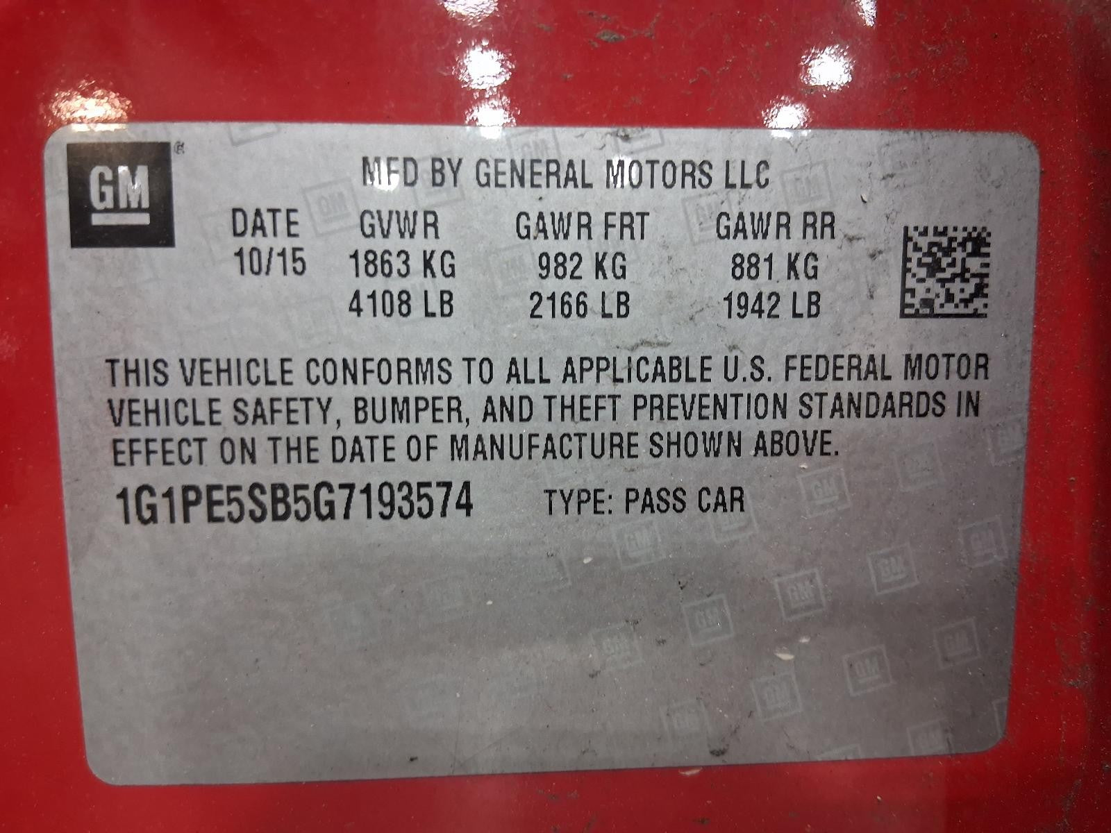 Used Rear Left Door Assembly Rear Side fits: 2016 Chevrolet Cruze manual child l