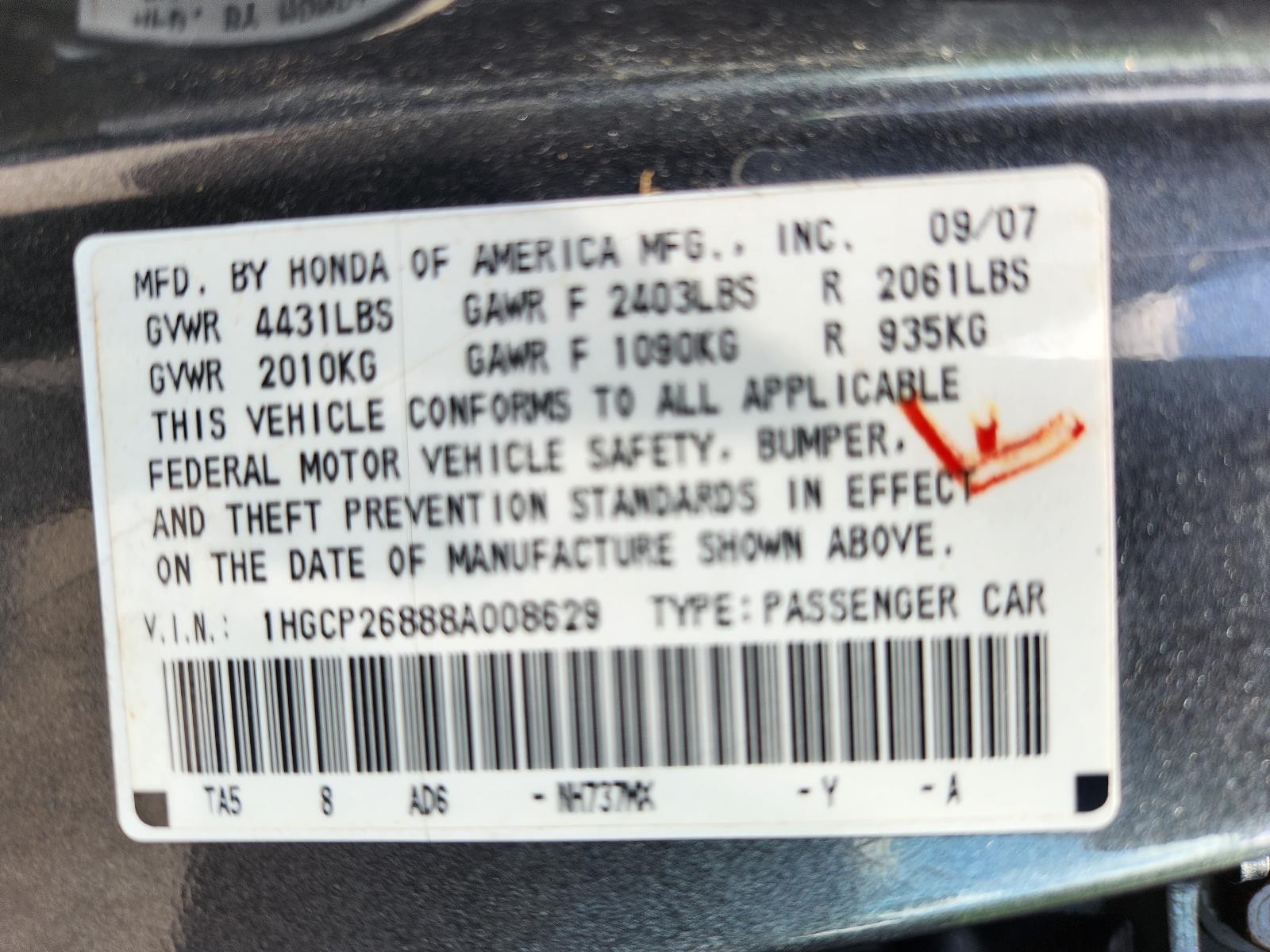 Used Starter Motor fits: 2008 Honda Accord 2.4L California emissions AT Grade C
