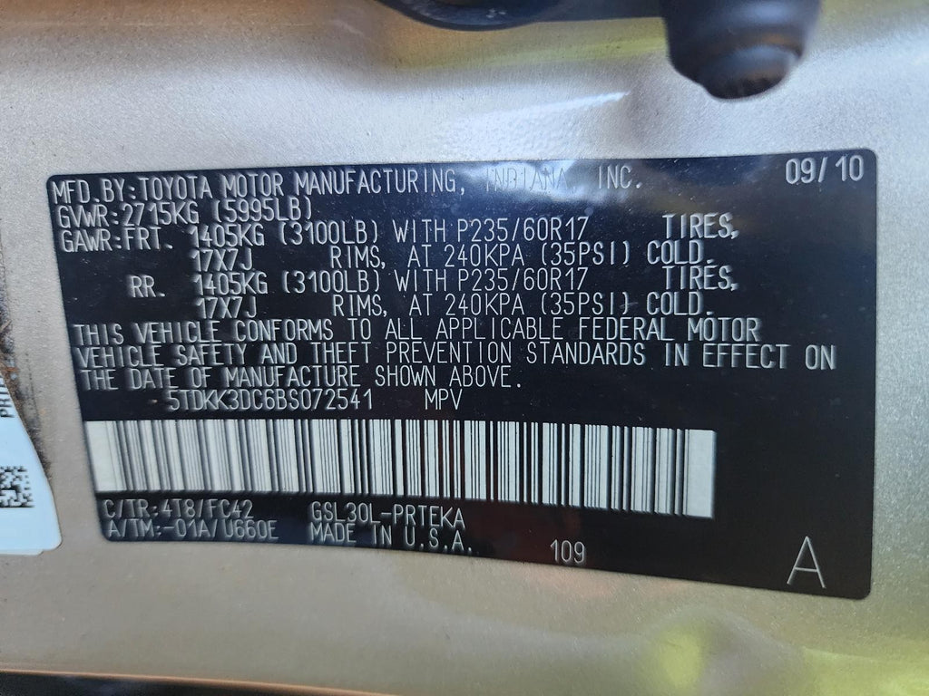Used Engine Complete Assembly fits: 2011 Toyota Sienna 3.5L VIN K 5th digit 2GRF