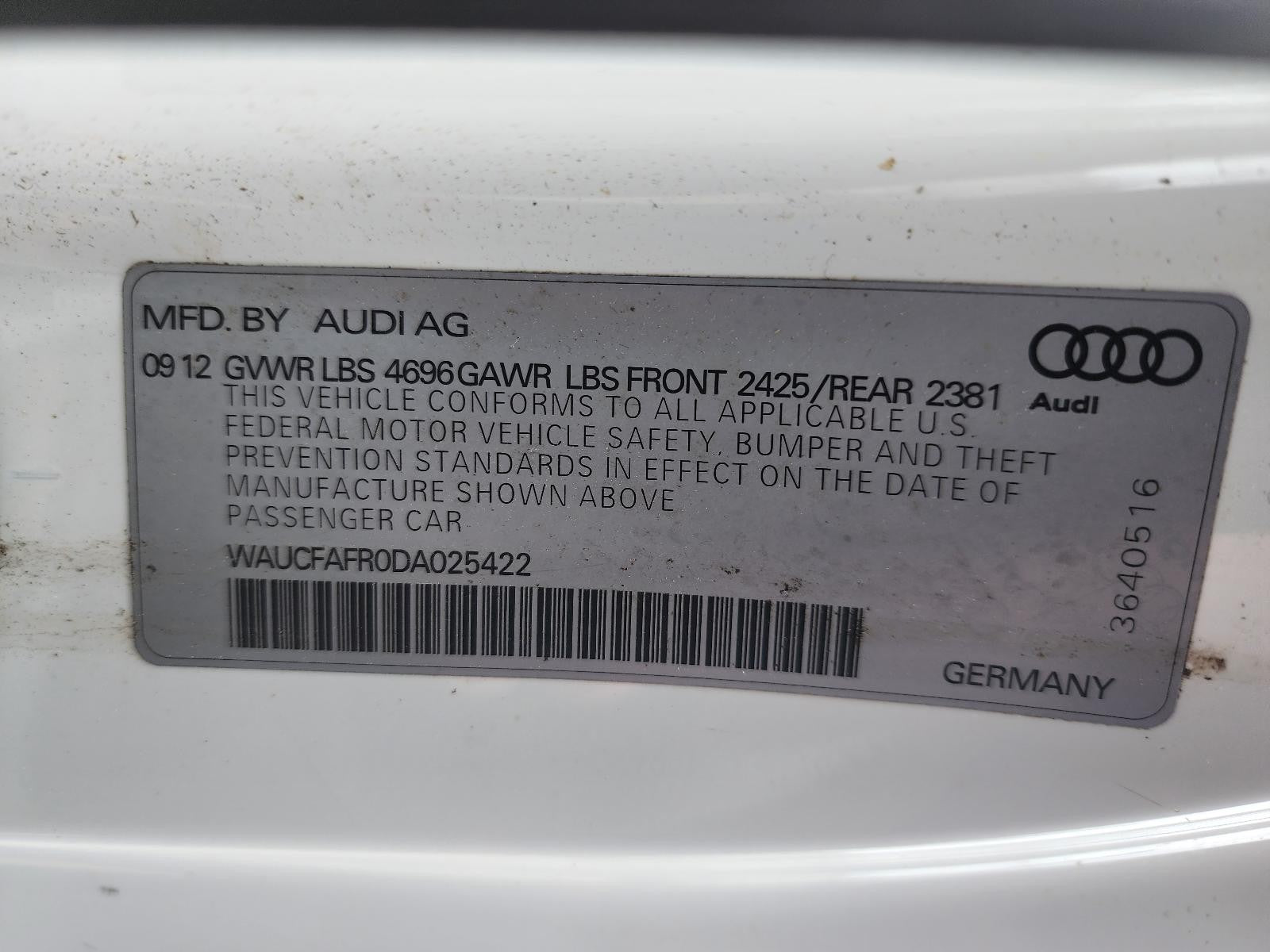 Used Front Right Seat Front fits: 2013 Audi A5 Cpe electric leather w/o sport se