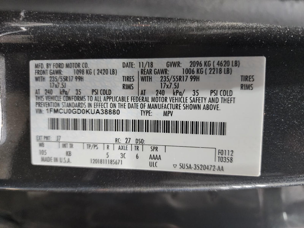 Used Front Left Seat Front fits: 2019 Ford Escape bucket air bag electric cloth