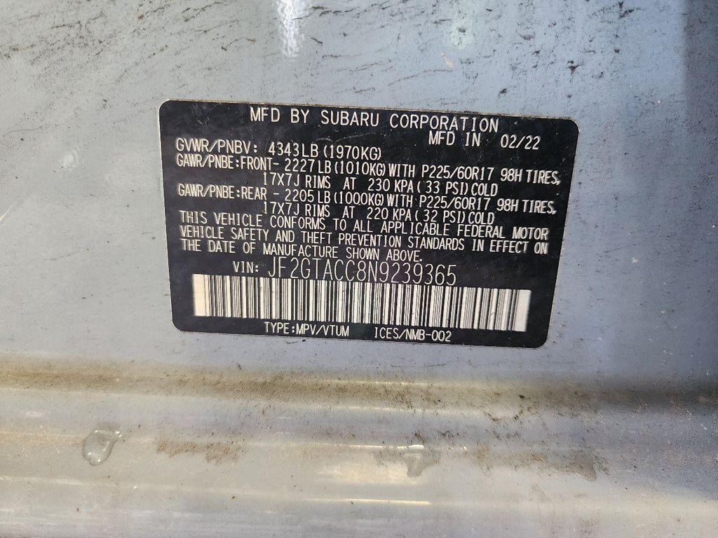Used Engine Complete Assembly fits: 2022 Subaru Xv crosstrek 2.0L VIN A 6th digi