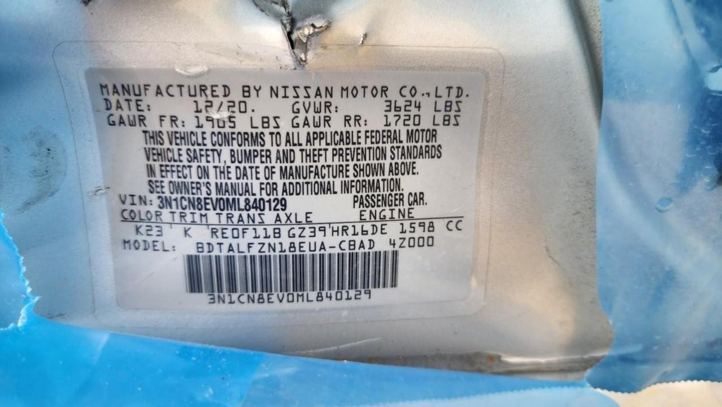 NISSAN VERSA Engine (1.6L, VIN C, 4th digit, HR16DE), CVT 20 21 22 23