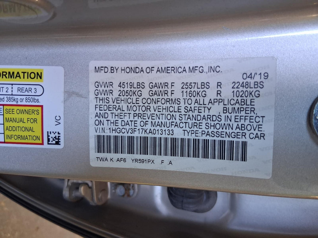 Used Front Left Fender fits: 2019 Honda Accord Front Left Grade A