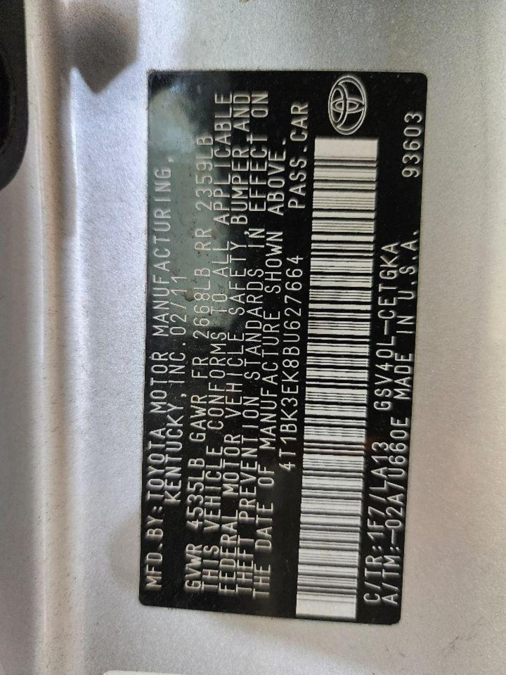 TOYOTA CAMRY Engine 3.5L, (VIN K, 5th digit, 2GRFE engine, 6 cylinder) 07 08 0