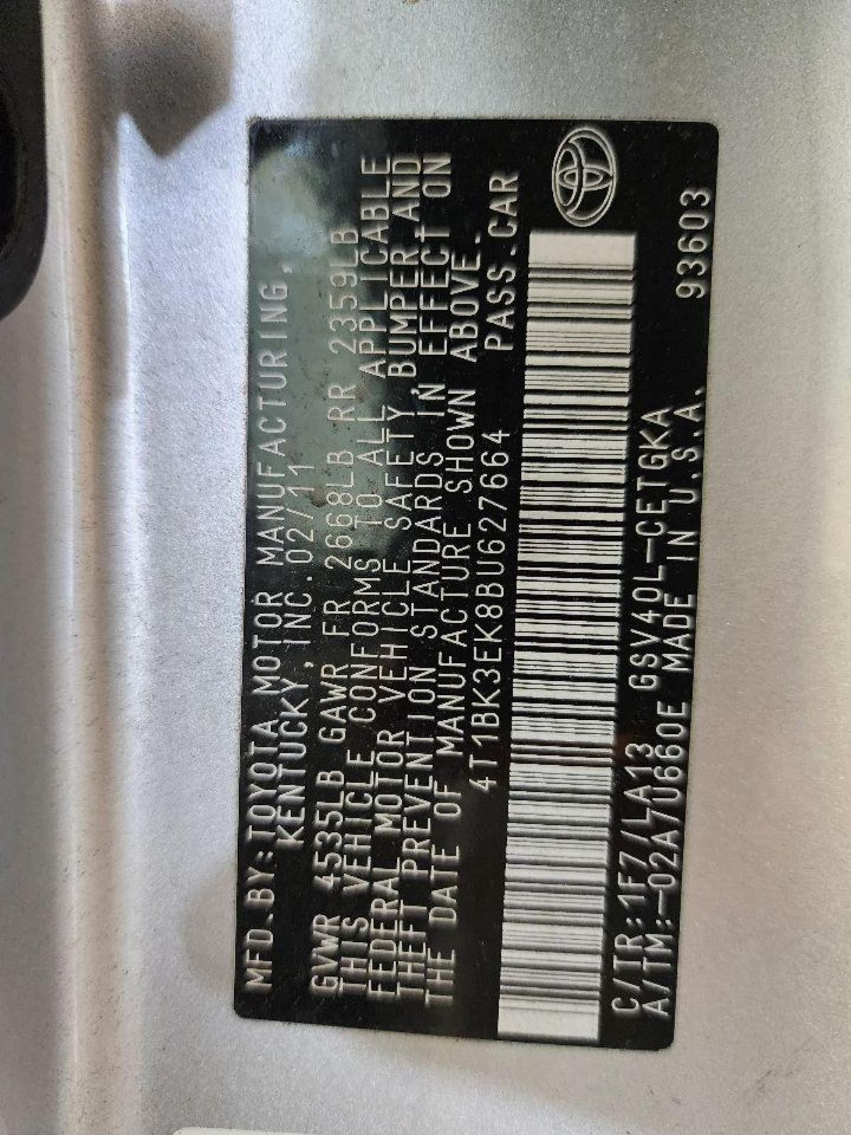 TOYOTA CAMRY Engine 3.5L, (VIN K, 5th digit, 2GRFE engine, 6 cylinder) 07 08 0