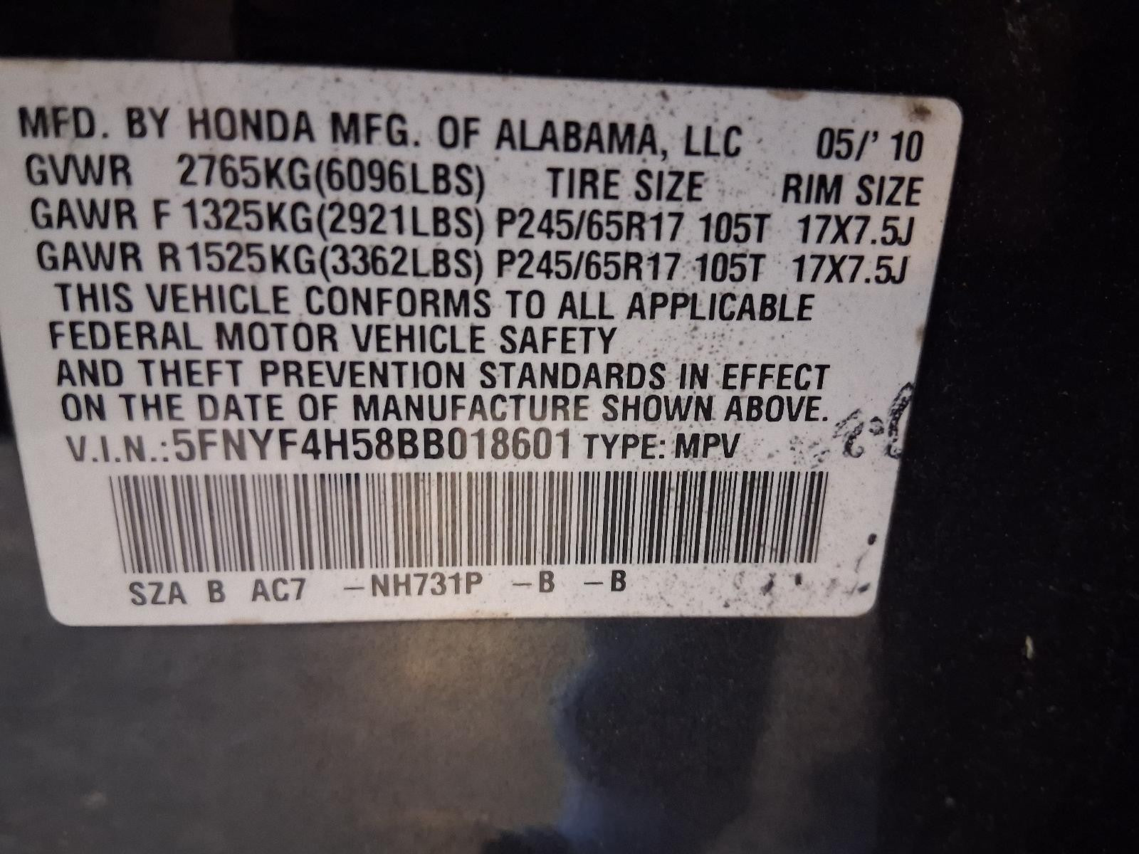 Used Rear Right Door Window Regulator Rear fits: 2011 Honda Pilot electric Rear