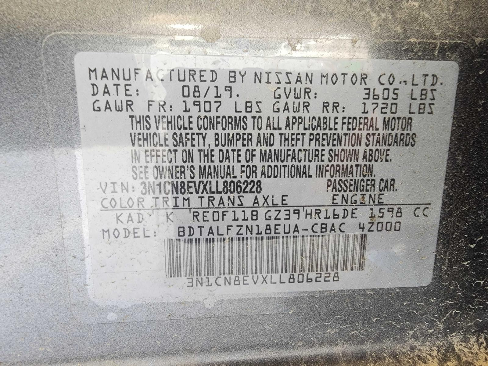 Used Engine Complete Assembly fits: 2020 Nissan Versa 1.6L VIN C 4th digit HR16D