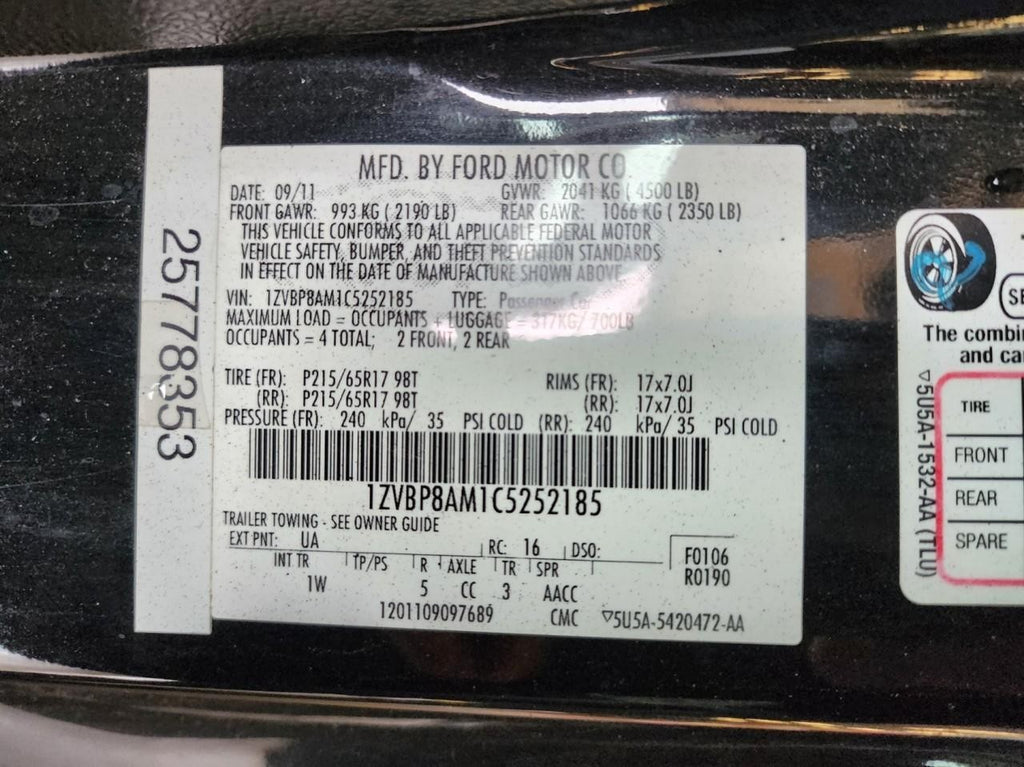 Used Speedometer Gauge fits: 2012 Ford Mustang cluster MPH 3.7L 4 gauge cluster