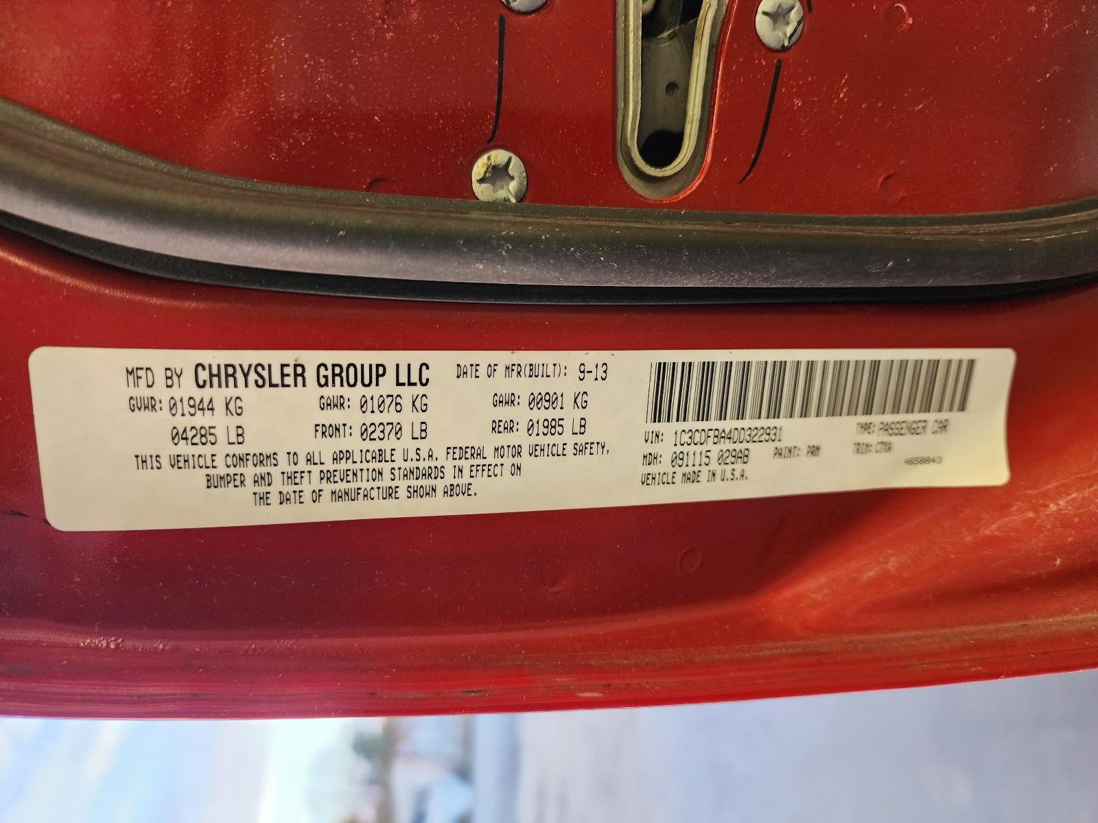 Used Front Right Seat Front fits: 2013 Dodge Dart bucket air bag cloth manual Fr