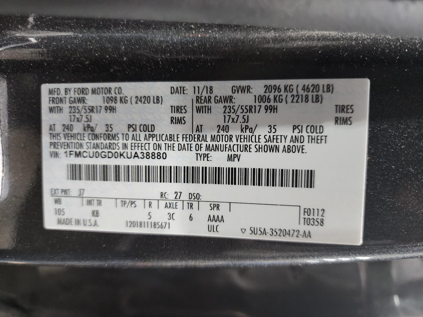 Used Steering Column fits: 2019 Ford Escape Floor Shift tilt and telescopic w/o