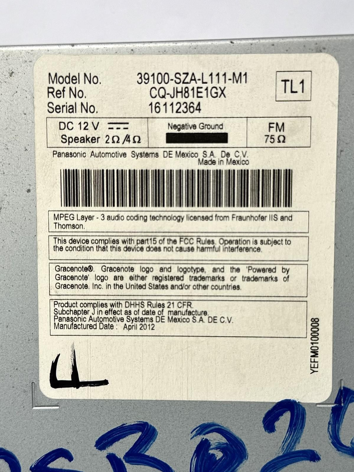 2012 HONDA PILOT RADIO AM/FM/MP3/CD-PLAYER 39100-SZA-L111-M1 OEM